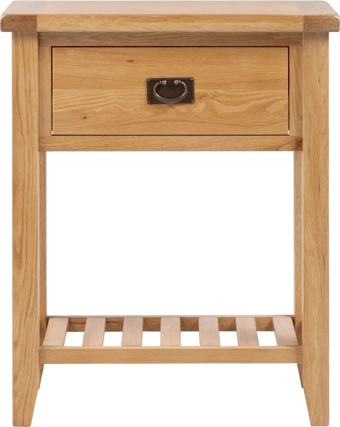 Úzky konzolový stolík so zásuvkou a latkovanou poličkou, 65x35x81 cm