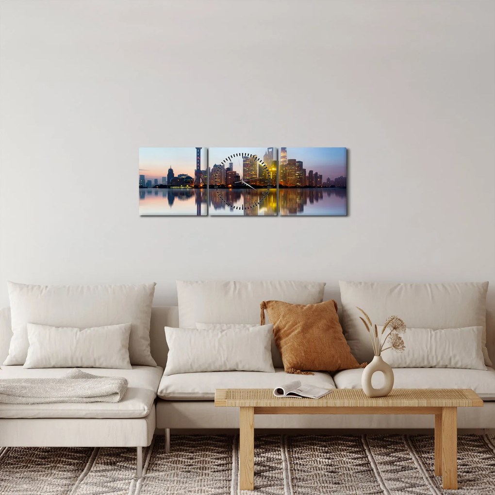 Obraz ranného neba nad Šanghajom (s hodinami) (90x30 cm)