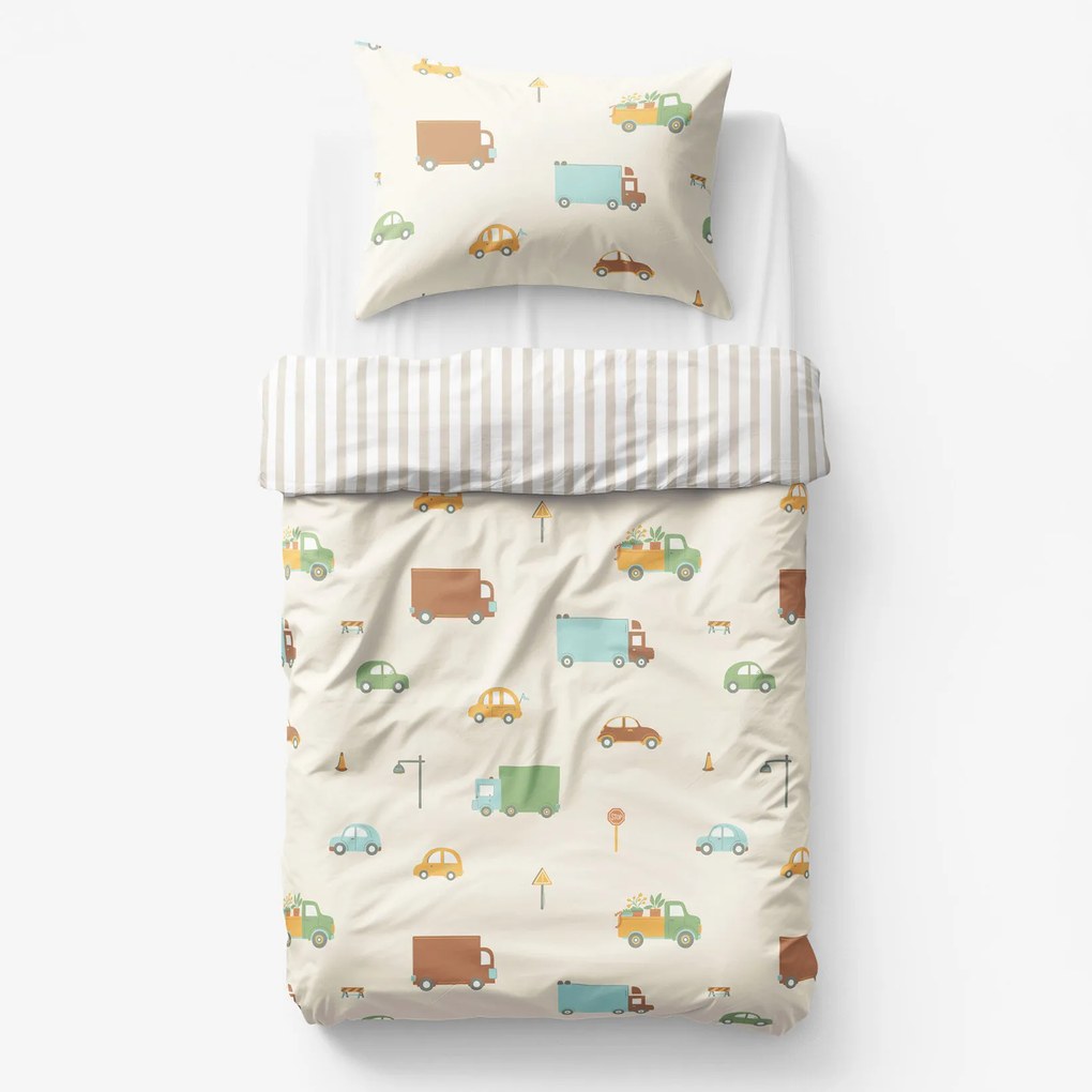 Goldea detské bavlnené obliečky - svet autíčok s latte prúžkami 150 x 200 a 50 x 60 cm