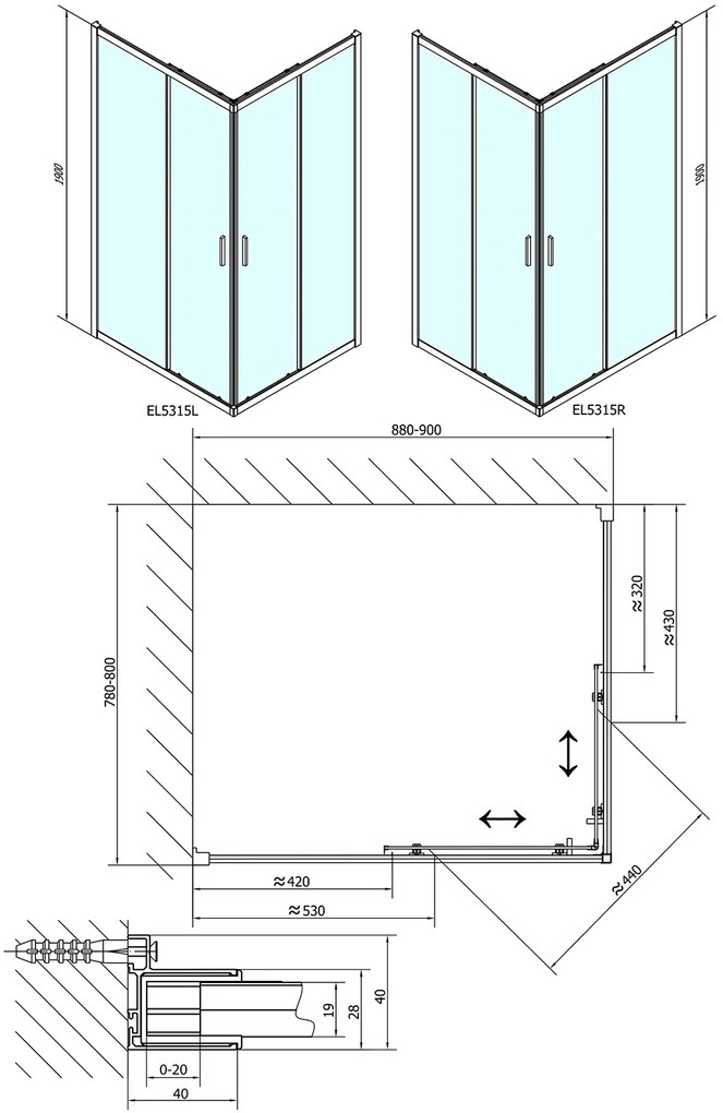 Polysan Polysan, EASY LINE obdĺžniková sprchová zástena 900x800mm, číre sklo, EL5315