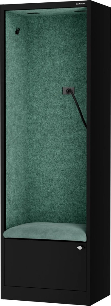 Kancelárska akustická kabína so sedadlom a portom USB-C, telo v čierny farbe / sedadlo v zelenej farbe, 600 mm: SALLY MentalBox