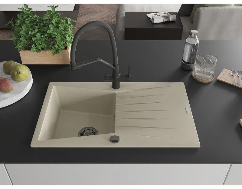 Mexen Cesar, 1-komorový granitový drez 775x470x190 mm a drezová batéria Duo, béžová, 6514-69-671701-70-B