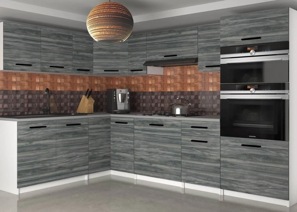 Kuchynská linka Belini 420 cm šedý antracit Glamour Wood s pracovnou doskou Uniqagrande  TOR UNIQAGRANDE/5/WT/GW1/0/B1