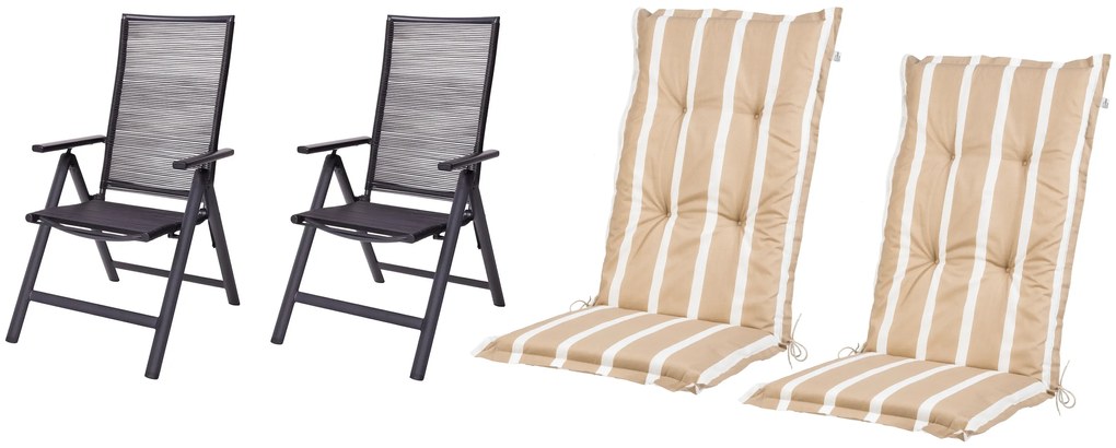Livarno home Záhradné kreslo Miami, 2 kusy + Podložka na kreslo s vysokým operadlom Valencia/Miami, pruhy/béžová, 2 kusy (800010853)