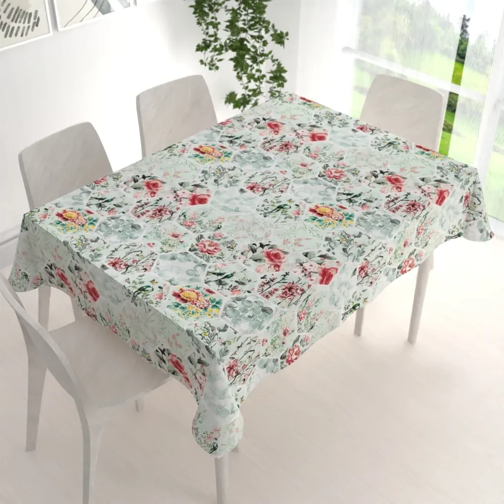 Biante Bavlnený obdĺžnikový obrus Sandra SA-415 Kvety na mintovom hexagóne 100x160 cm