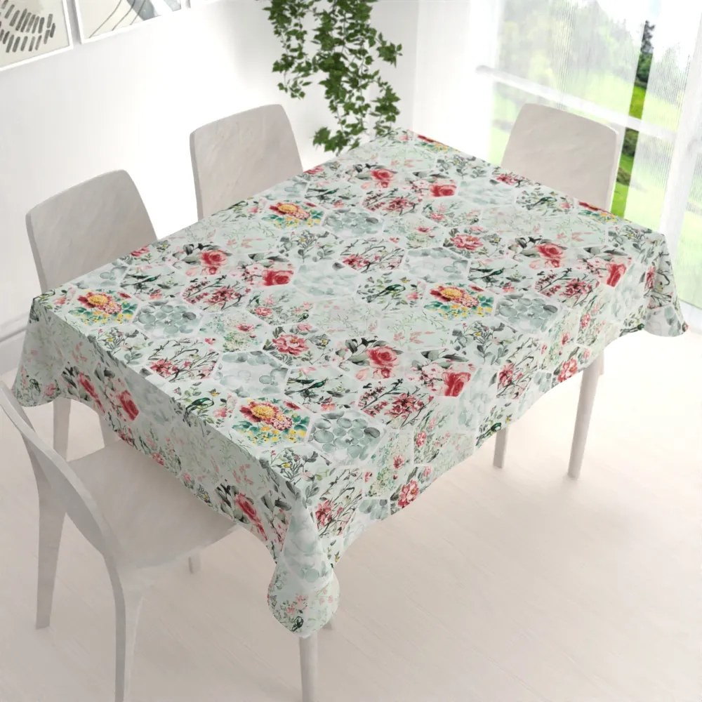 Biante Bavlnený obdĺžnikový obrus Sandra SA-415 Kvety na mintovom hexagóne 60x100 cm