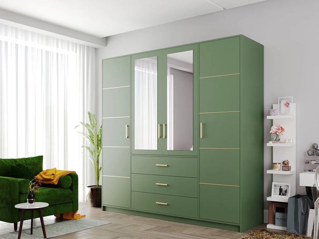Šatníková skriňa so zrkadlom Lily D4 II, Farby: modrá / modrá + zlatá
