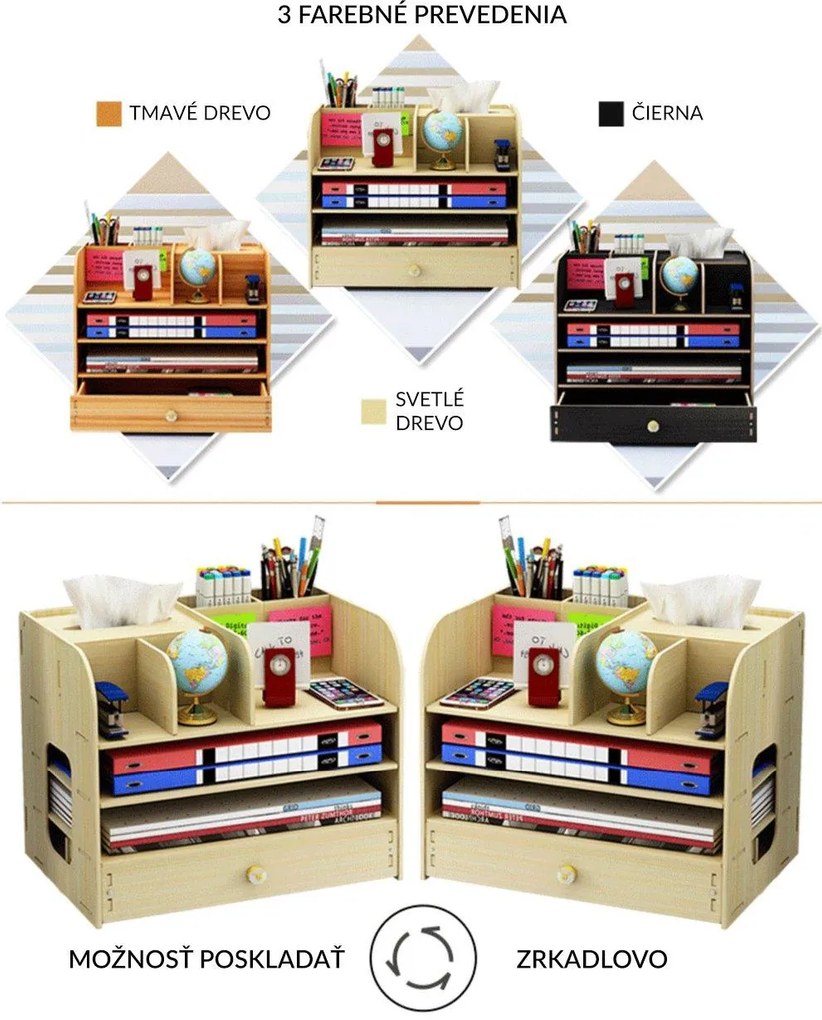 DIY zakladač na A4 dokumenty, písacie potreby a vreckovky so zásuvkou svetlé drevo B3S Svetlé drevo
