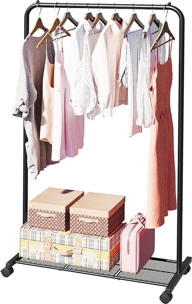 Kovový stojan na oblečenie s kolieskami, horná koľajnica do 40 kg, čierny