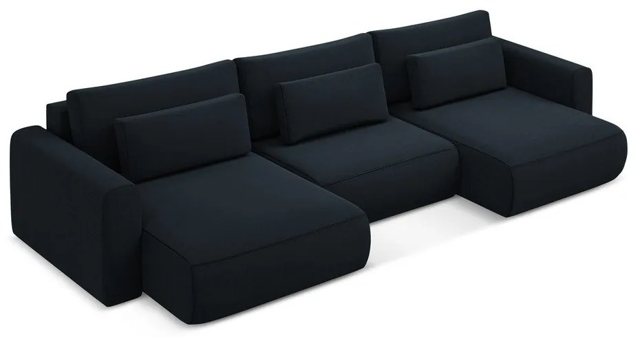 Tmavomodrá zamatová rozkladacia/s úložným priestorom rohová pohovka (do tvaru "U") Kapua – Makamii