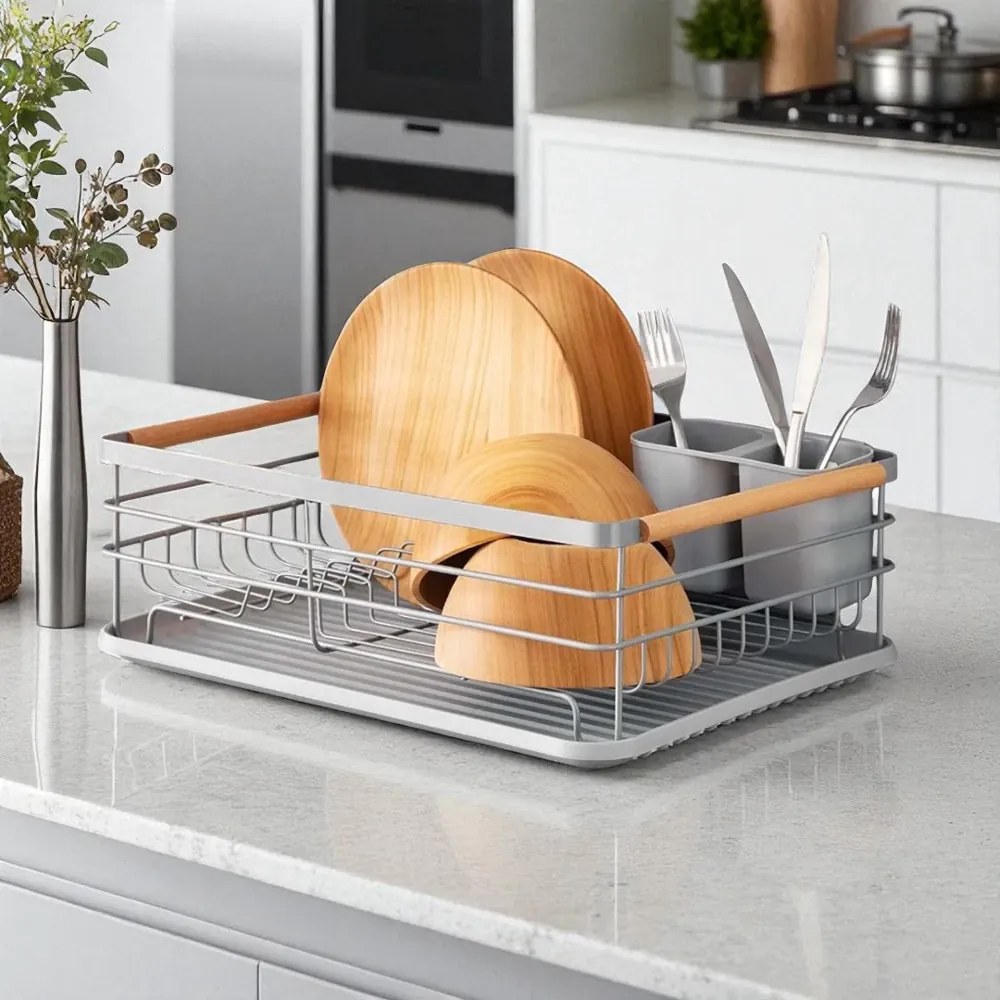 eCarla Odkvapkávač na riad a na príbory s drevenými rúčkami sivý, 43 x 30,5 x 14 cm