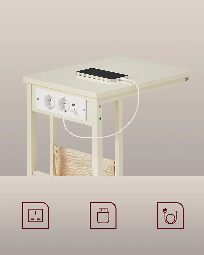 Odkladací stolík Vasagle Pama so zásuvkou a USB portami krémový