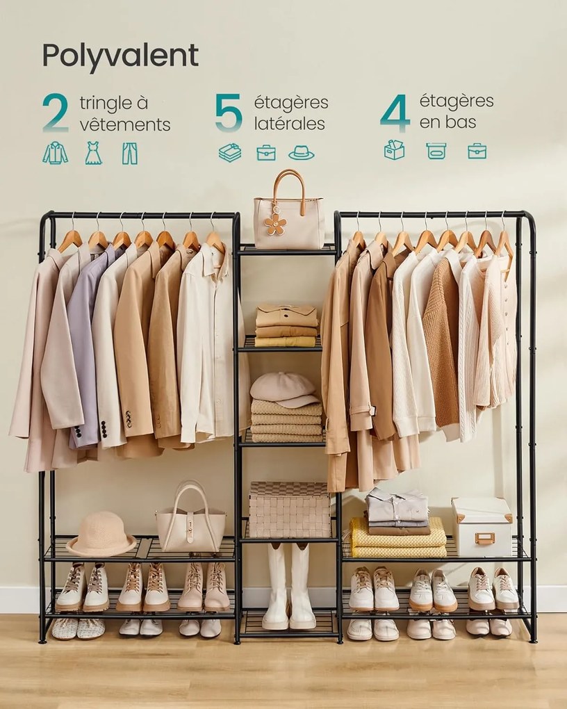 Kovový vešiak na oblečenie s tyčou a policami, matná čierna
