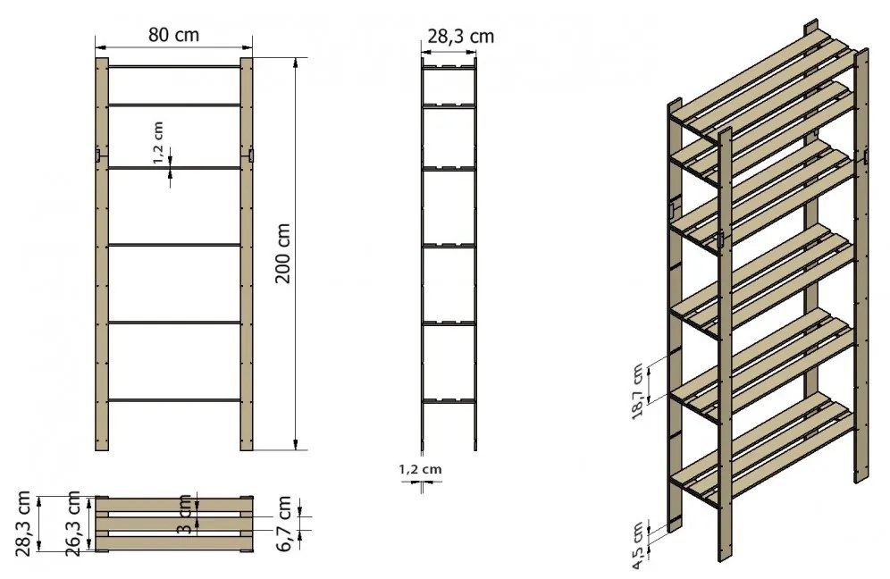 Regál drevený B-27 200x80x28 6 políc-borovica