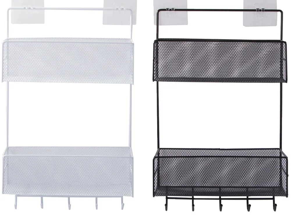 VERK GROUP Dvojposchodová závesná kovová polica do kúpeľne s 5 háčikmi, čierny ARGO