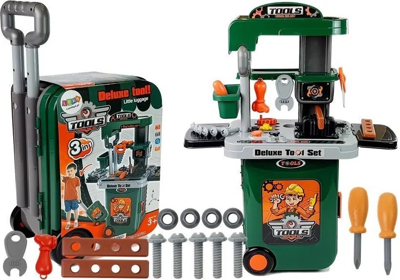 LEAN Toys Sada náradia v kufríku na kolieskach, dielňa, píla, skrutkovač