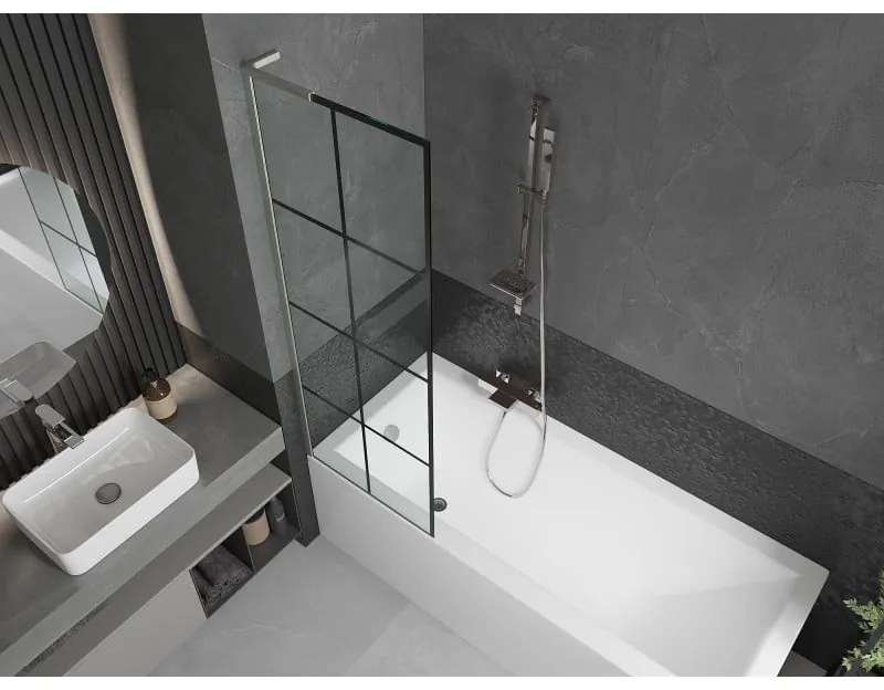 Mexen Next L, 1-krídlová vaňová zástena 60 x 150 cm, 6mm číre sklo-čierny vzor, 6mm číre sklo, profil brúsená oceľ, 895-060-000-03-77-97