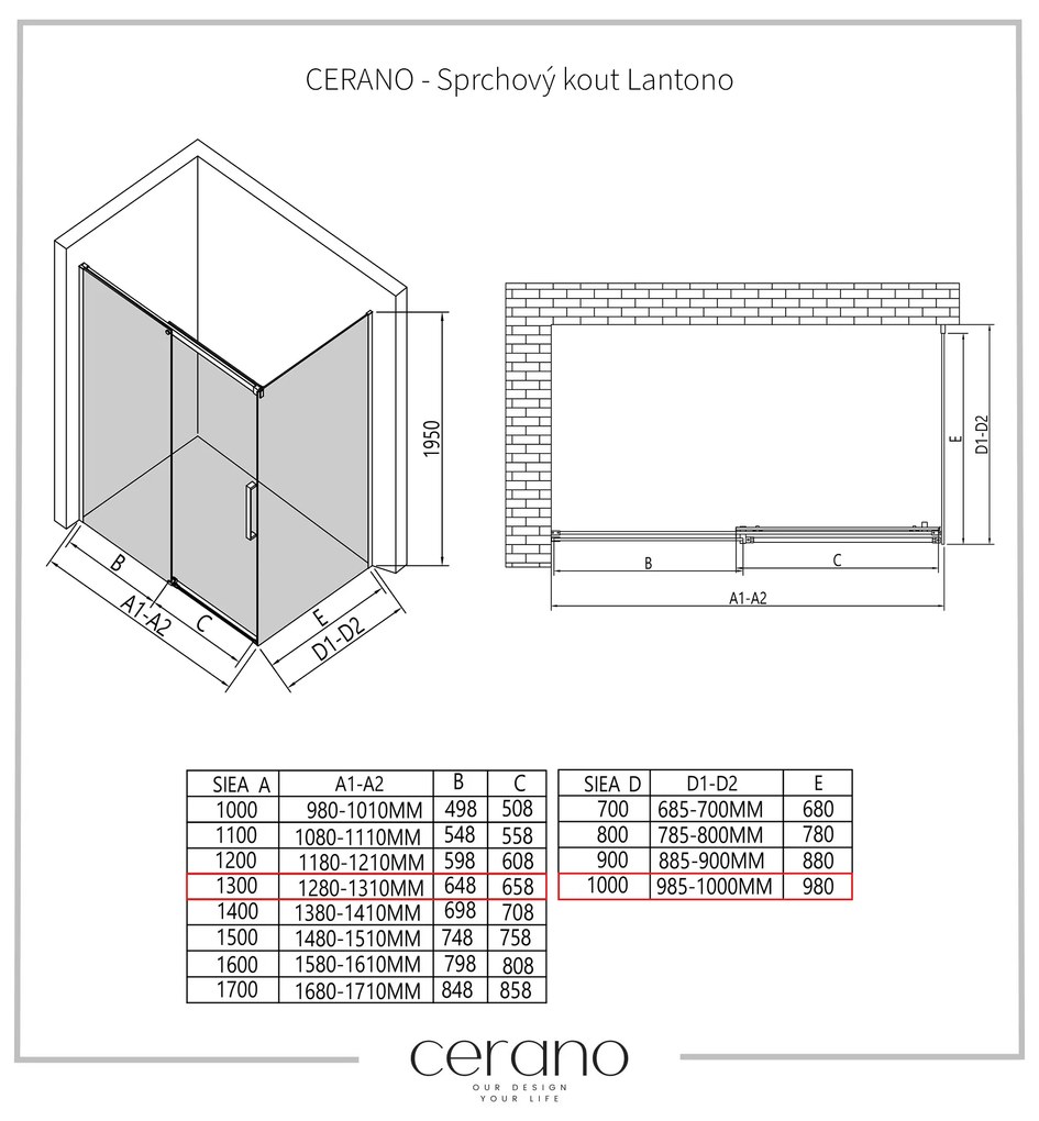 Cerano Lantono, sprchovací kút s posuvnými dverami 130(dvere) x 100(stena) x 195 cm, 8mm číre sklo, chrómový profil, CER-CER-432193