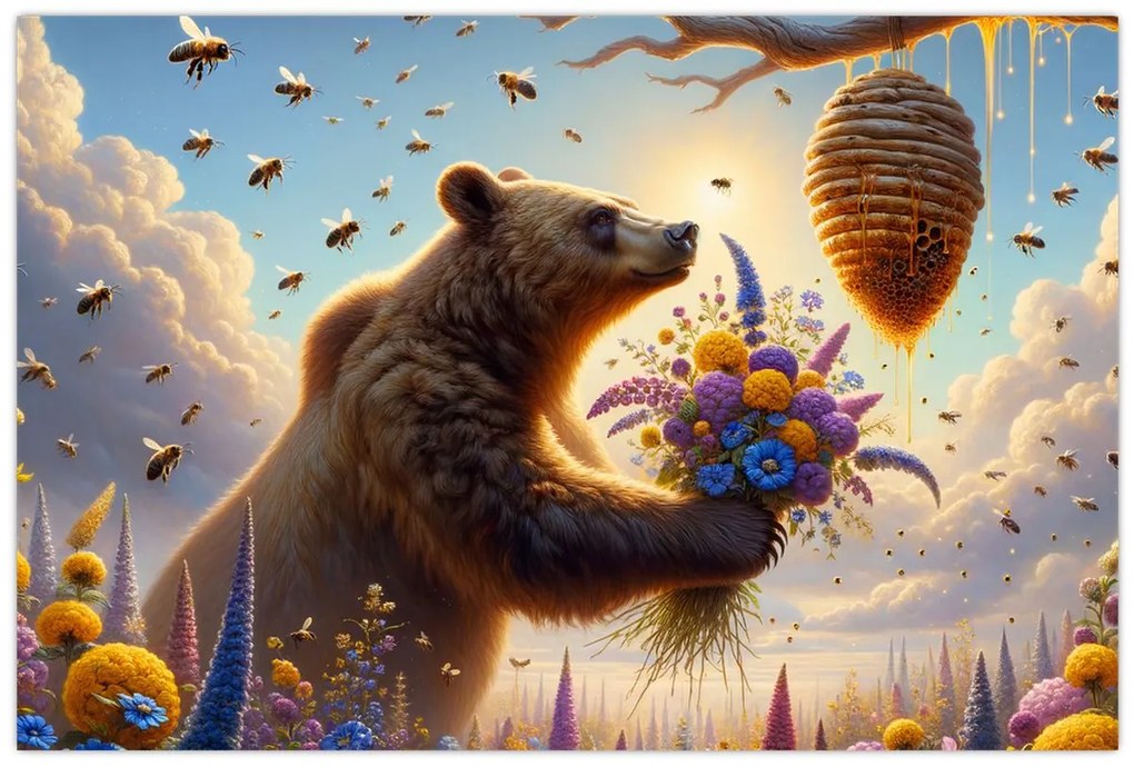 Obraz - Medveď a včielky (90x60 cm)