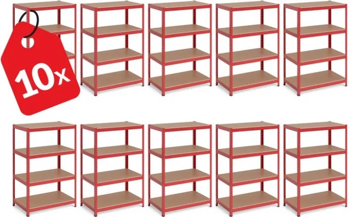 Akcia 10x Regál 150x70x30 cm lakovaný 4-policový, nosnosť 700 kg - červený