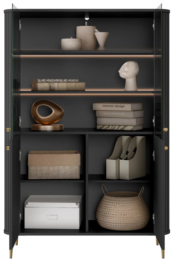 Vitrína Vesper 103 cm štvordverová - čierna / zlaté nohy