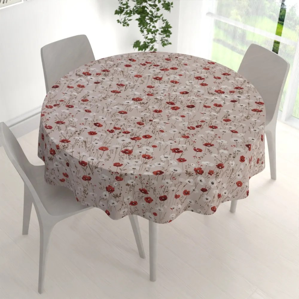 Biante Bavlnený okrúhly obrus Sandra SA-631 Červeno-biele vlčie maky na sivobéžovom Ø 70 cm