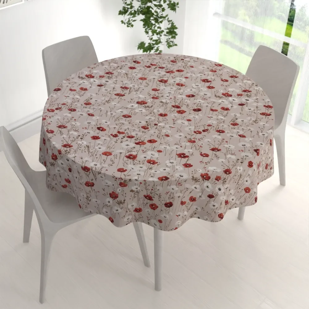 Biante Bavlnený okrúhly obrus Sandra SA-631 Červeno-biele vlčie maky na sivobéžovom Ø 80 cm