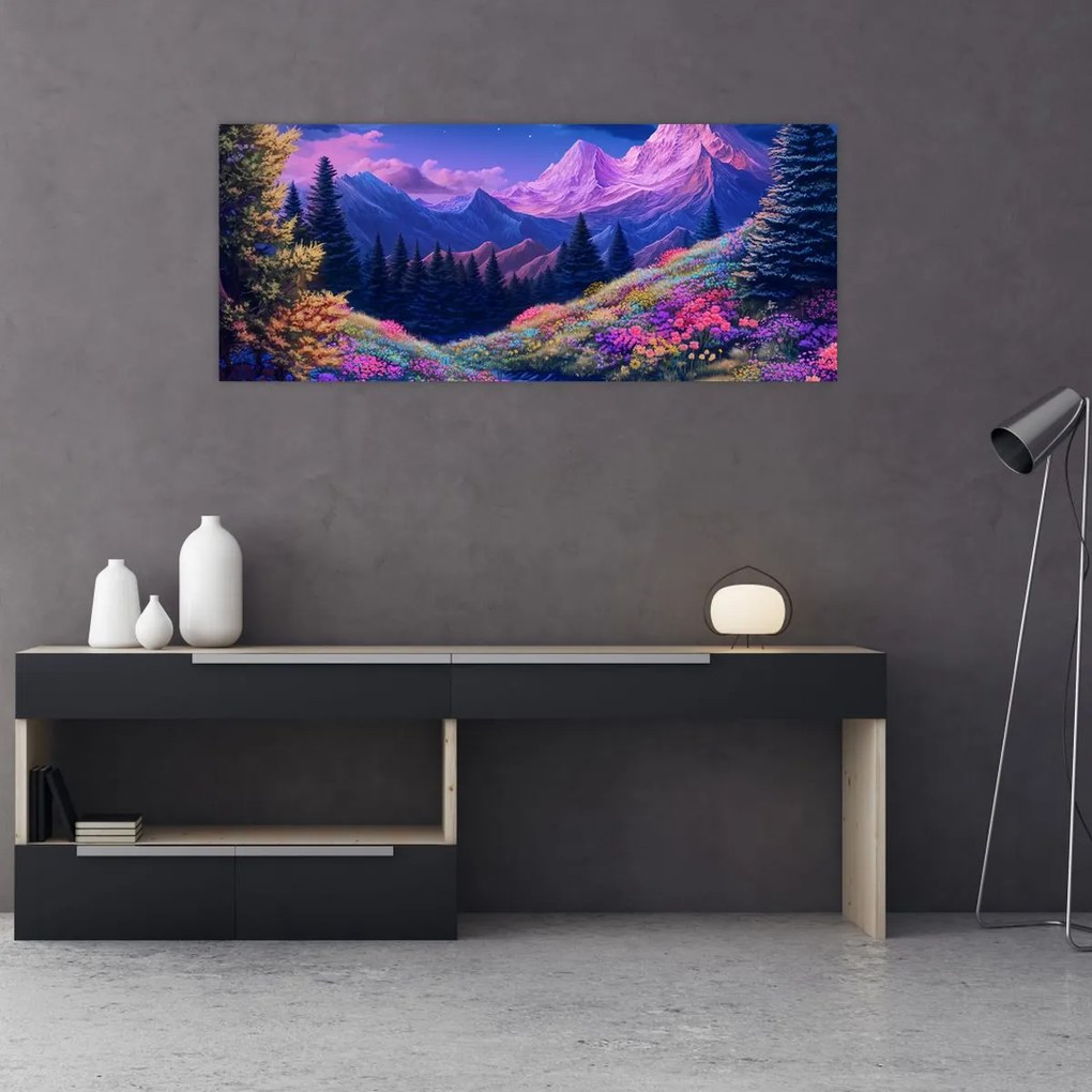 Obraz - Fialová krajina pri úplnku (120x50 cm)