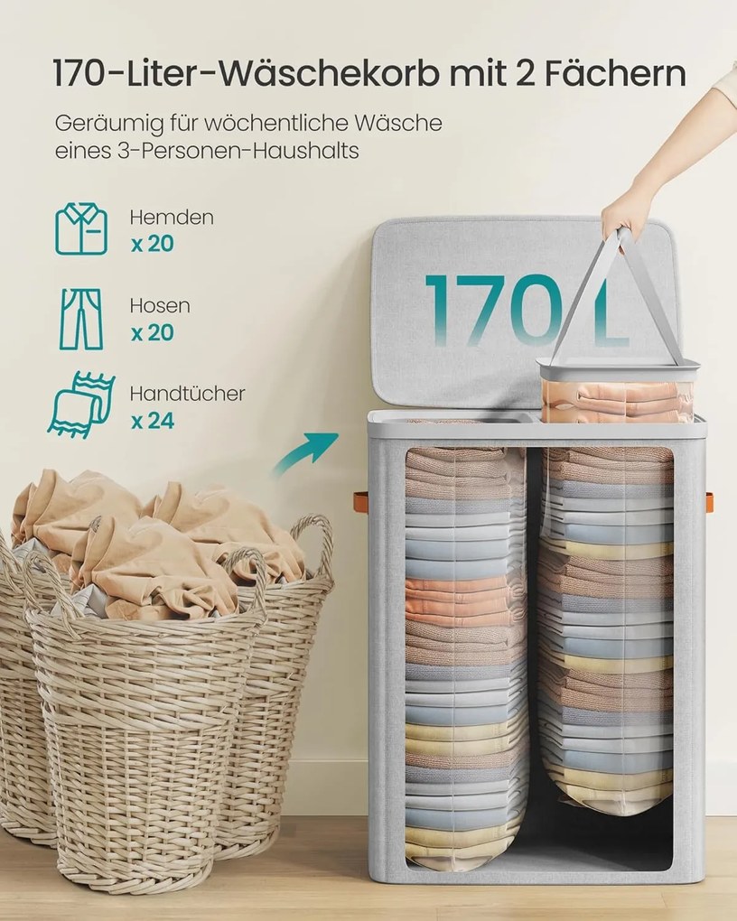 SONGMICS kôš na prádlo 170 L, 56 × 40 × 75 cm, šedý