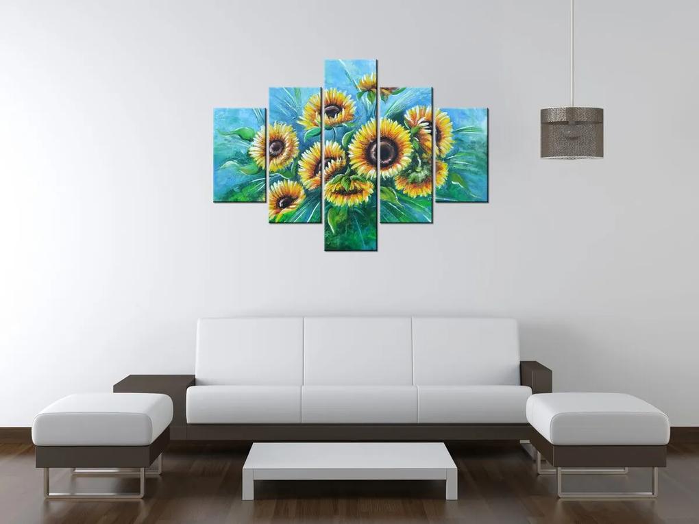 Gario Ručne maľovaný obraz Slnečnice v daždi - 5 dielny Rozmery: 150 x 70 cm