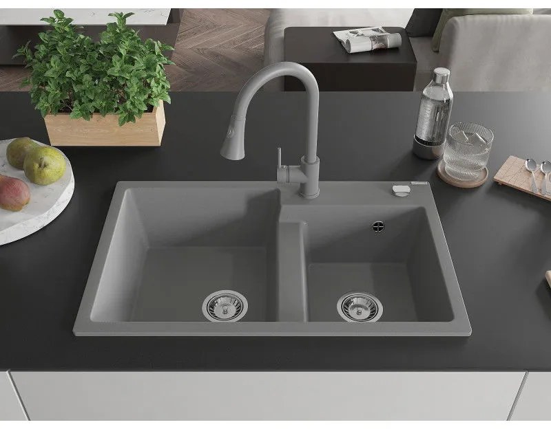 Mexen Tomas, 2-komorový granitový drez 800x500x190 mm a drezová batéria Elia, šedá, 6516-71-670101-71