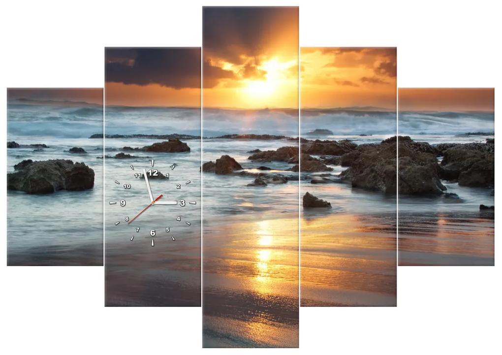 Gario Obraz s hodinami Západ slnka nad oceánom - 5 dielny Rozmery: 150 x 105 cm