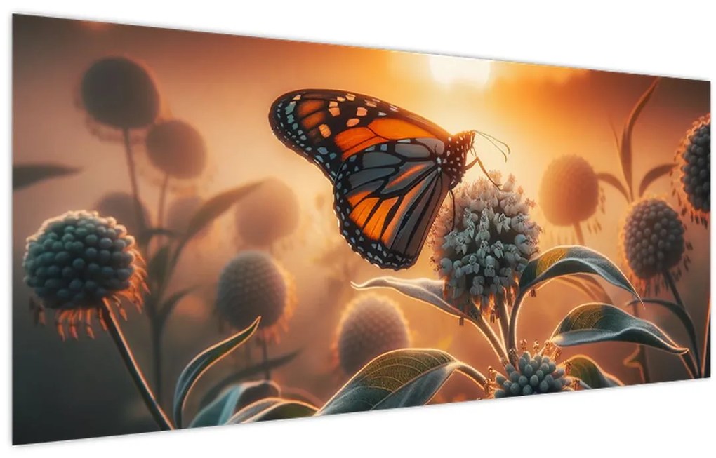 Obraz – Motýľ v zapadajúcom slnku (120x50 cm)