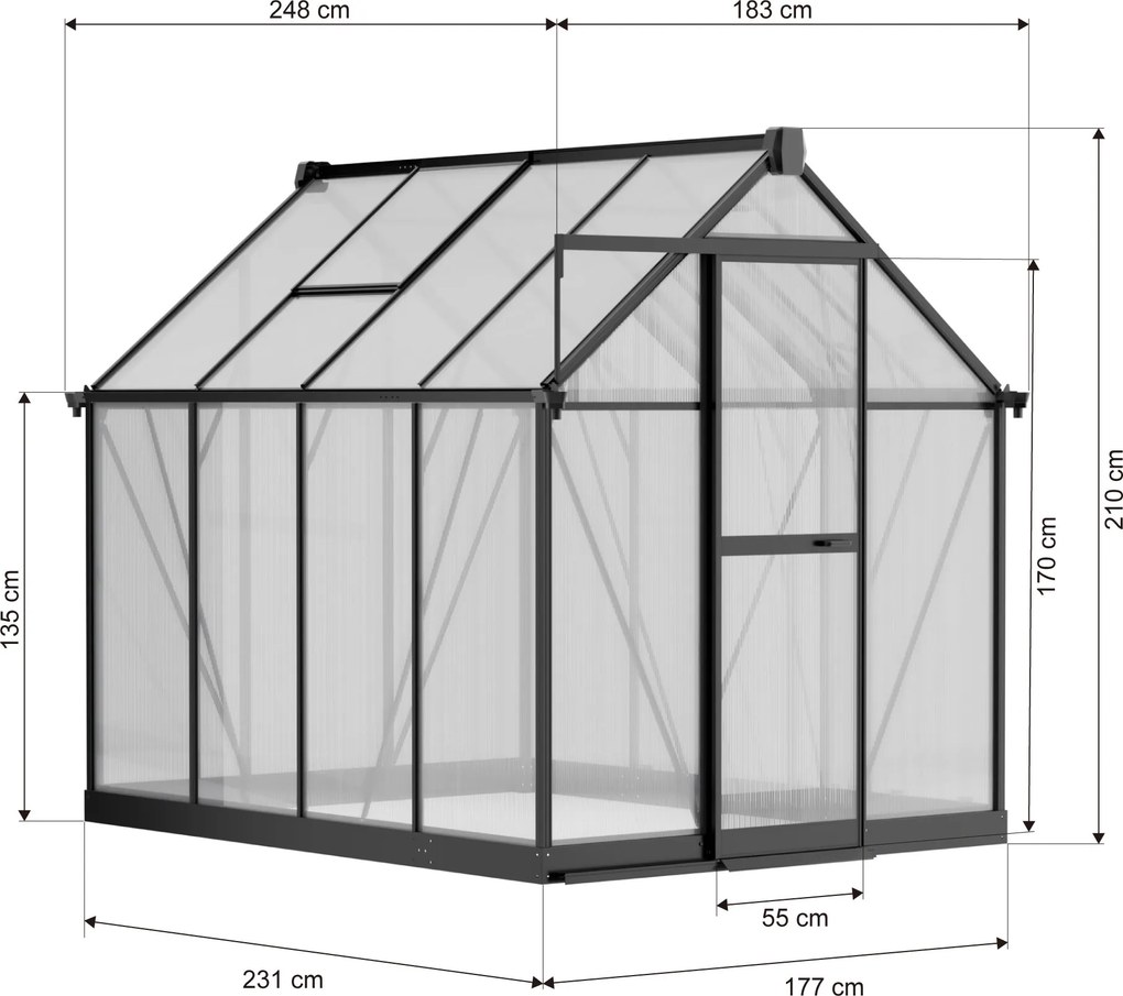 Skleník 210 x 183 x 248 cm, zosilnená konštrukcia,  polykarbonát 6 mm