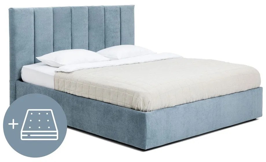 Modrá čalúnená dvojlôžková posteľ s úložným priestorom s matracom/s roštom 180x200 cm Thessa Bold Line – Bonami Selection