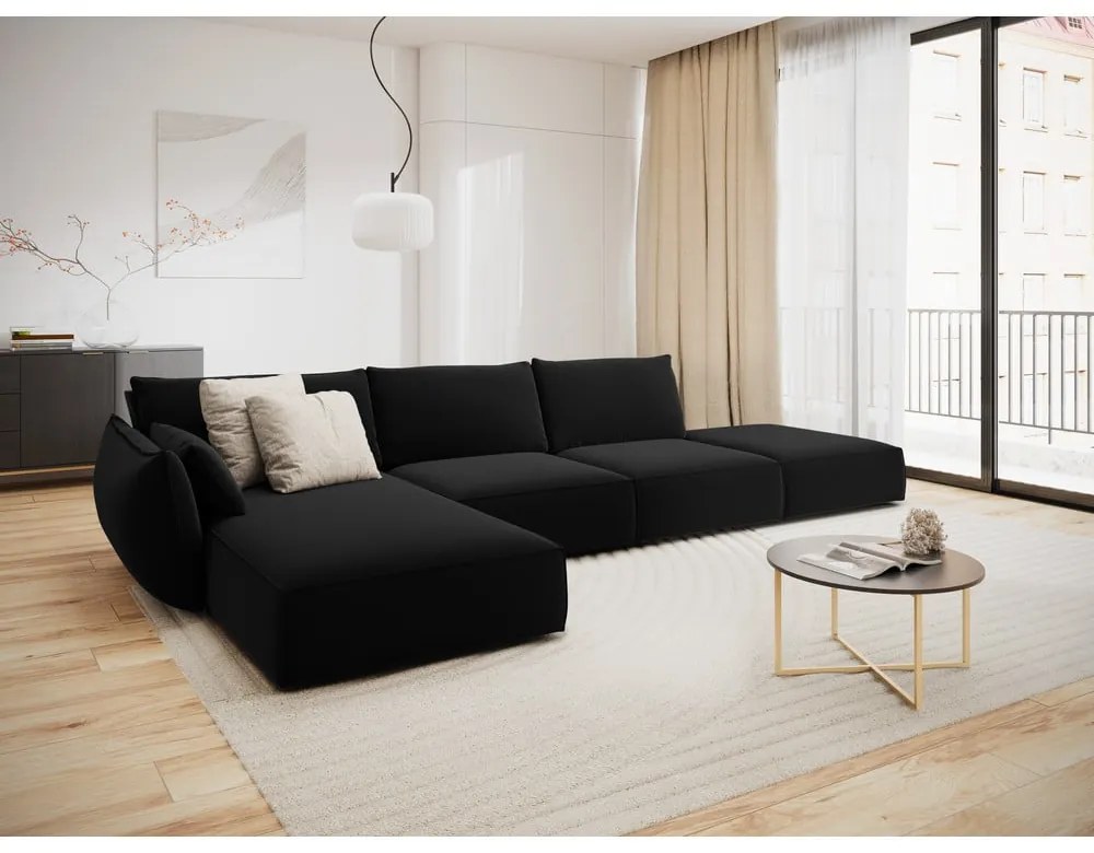 Čierna zamatová rohová pohovka (ľavý roh/s leňoškou) Vanda – Mazzini Sofas