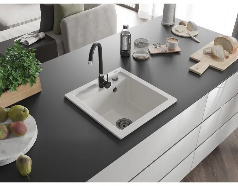 Mexen Vito, 1-komorový granitový drez 520x490x210 mm, čierna batéria Telma, biela, 6503-20-670200-70