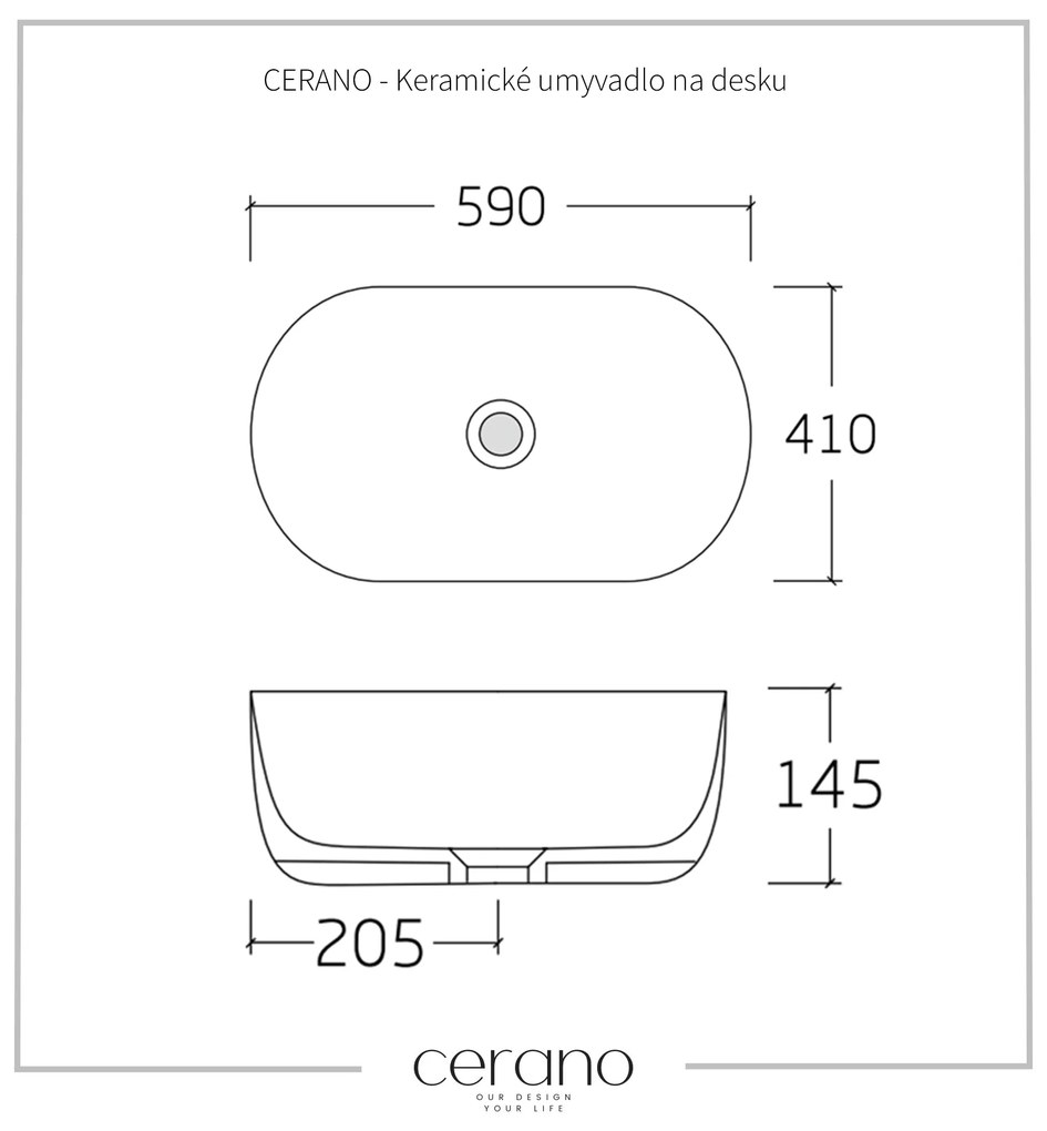 Cerano Deno, keramické umývadlo na dosku 590x410x145 mm, biela lesklá, CER-CER-428431