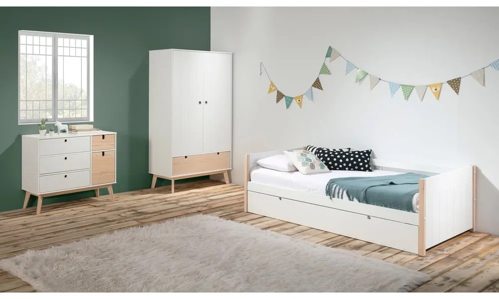 Detská posteľ z borovicového dreva s výsuvným lôžkom v bielo-prírodnej farbe 90x190 cm Kiara – Marckeric