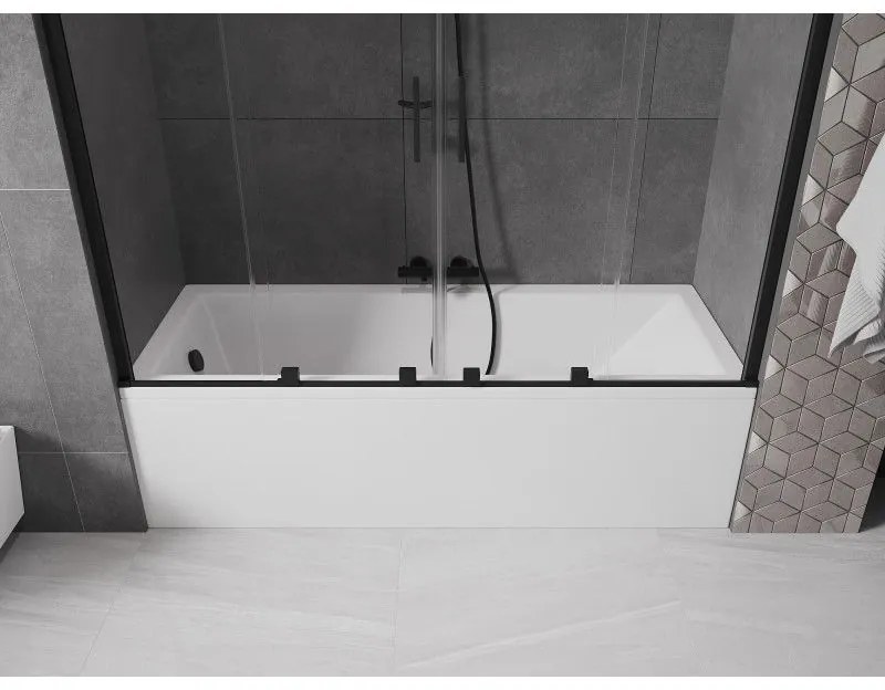 Mexen Velar Duo, 2-krídlová posuvná vaňová zástena 200 x 150 cm, 8mm číre sklo, čierny matný profil, 896-200-000-02-70