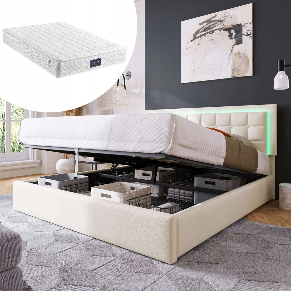 Čalúnená manželská posteľ Led 140x200CM Hydraulická biela matrac