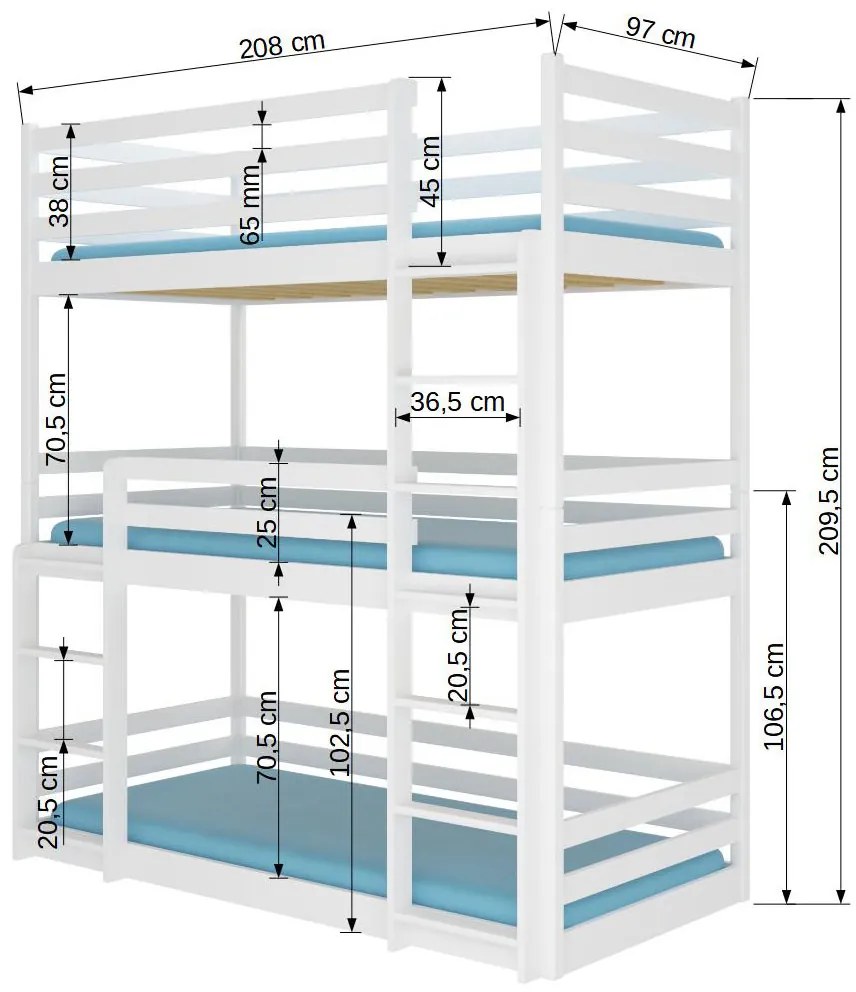 Drevená trojposchodová posteľ s matracmi Tarevo 90x200 cm - biela
