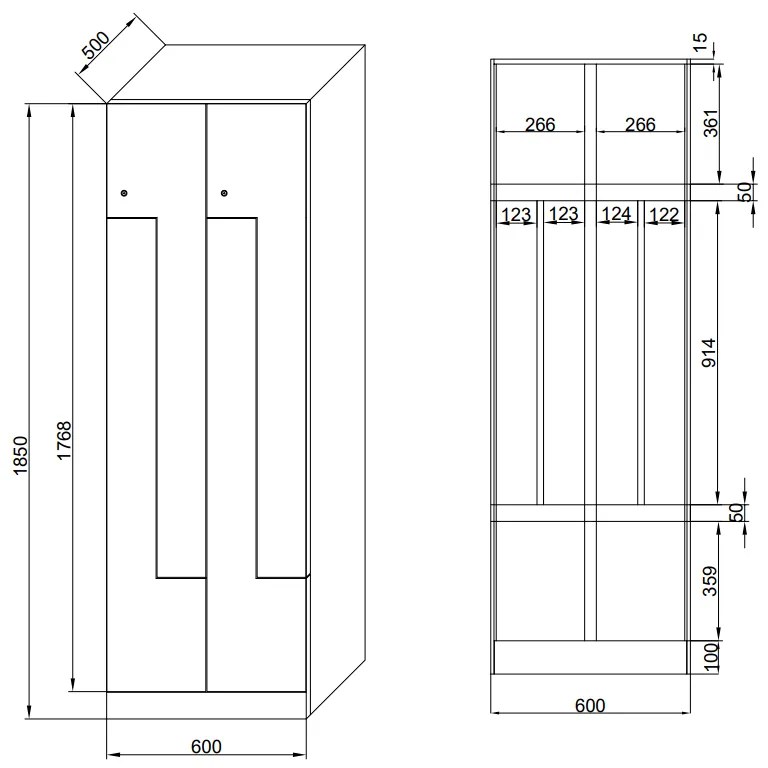 Kovová šatníková skrinka Z, 4 oddiely, 1850 x 600 x 500 mm, zámok s čítačkou RFID kariet, béžové dvere