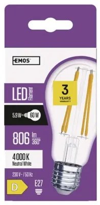 EMOS LED žiarovka Filament E27 A60, 5,9 W, denná biela