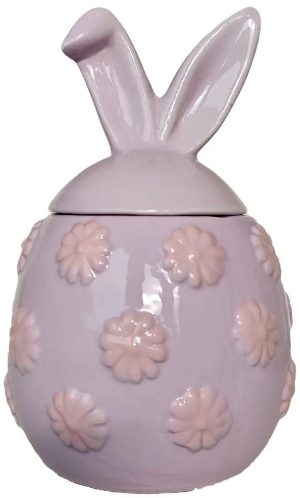 Ružová keramická dóza vajíčko s kvetmi a uškami Rabbi - Ø 10*15 cm
