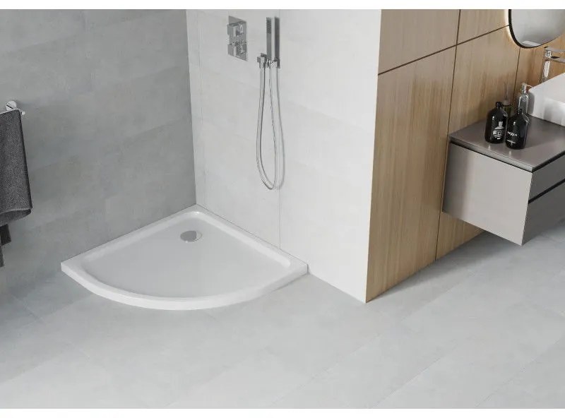 Mexen SLIM - Štvrťkruhová sprchová vanička 90x90x5cm + chrómový sifón, biela, 41109090