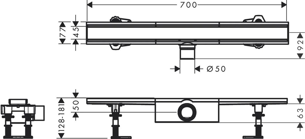 Hansgrohe RainDrain Compact, úplná sada sprchového žľabu 700 pre štandardnú inštaláciu, kartáčovaná nerezová oceľ, HAN-56176800