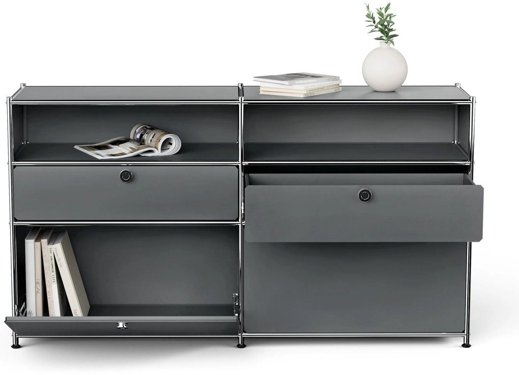 Kovová odkladacia skrinka "CN3" s výklopnými priečinkami, zásuvkami a otvorenými priehradkami, sivá