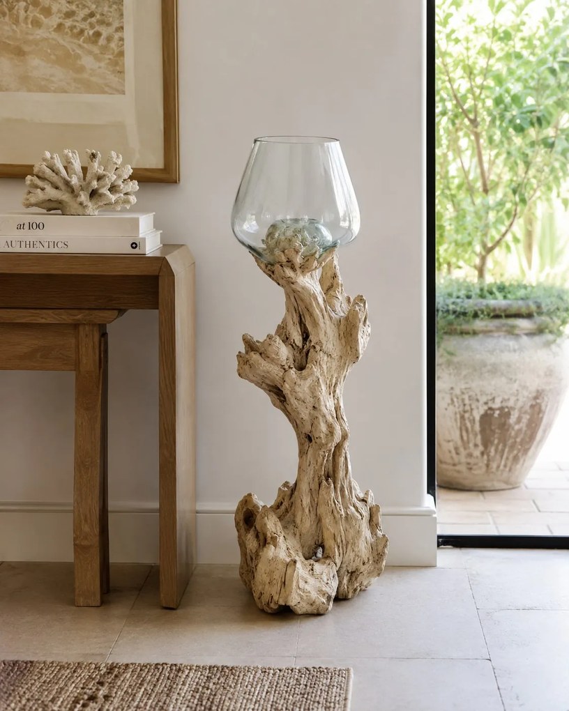 Sklenená váza z recyklovaného skla na dreve Gamal White XXL - 40*40*80 cm