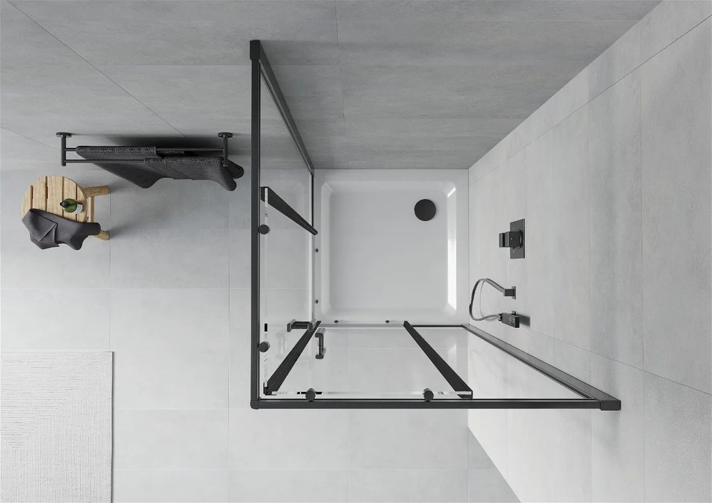 Mexen Rio, sprchovací kút s posuvnými dverami 90x90x190 cm, 6mm číre sklo, čierny profil, biela sprchová vanička SLIM, 860-090-090-70-00-4010